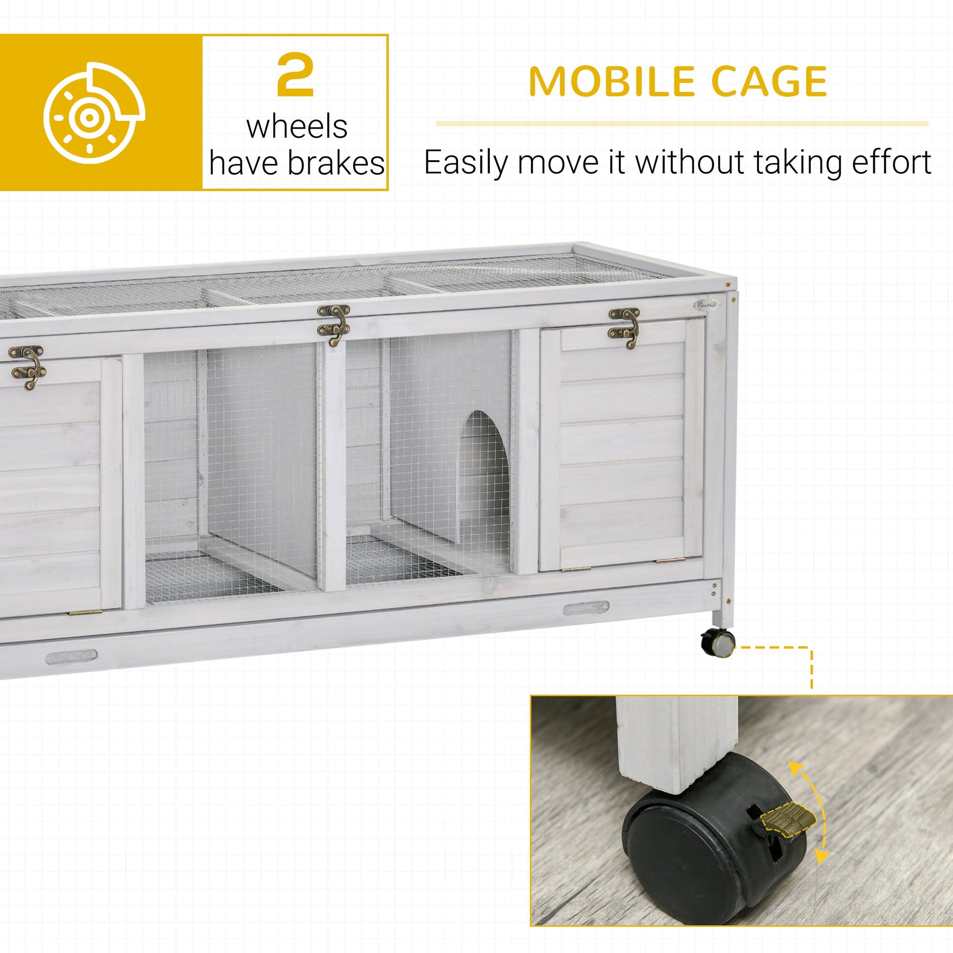 HKM-5864381 Spacious Rabbit Hutch with Wheels and Lockable Doors in Light Gray