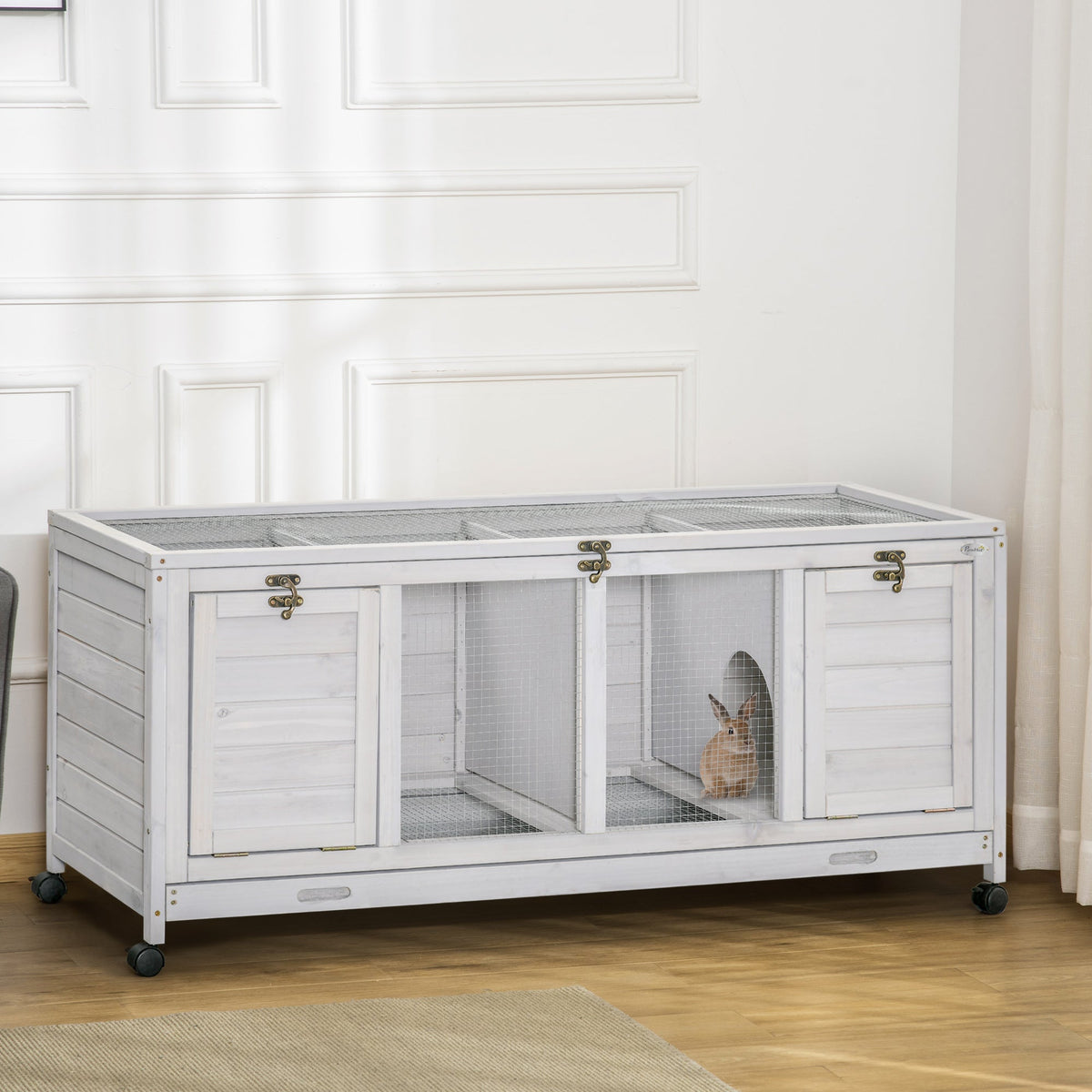 HKM-5864381 Spacious Rabbit Hutch with Wheels and Lockable Doors in Light Gray