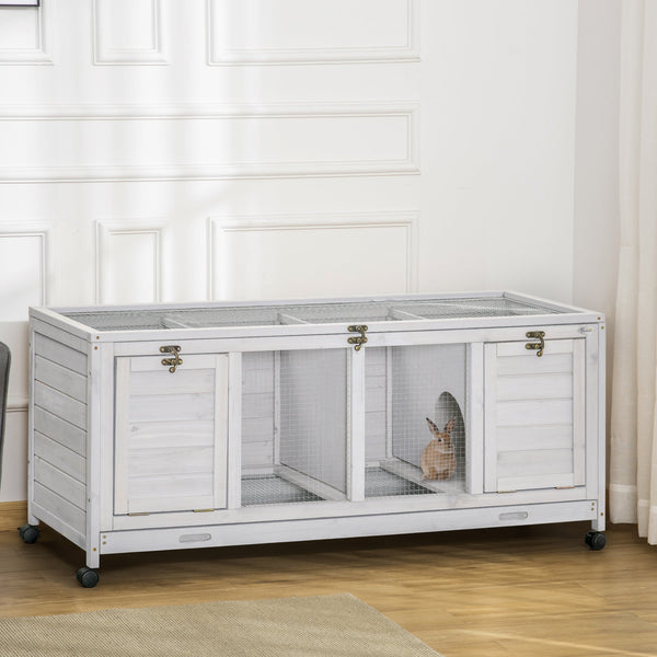 HKM-5864381 Spacious Rabbit Hutch with Wheels and Lockable Doors in Light Gray