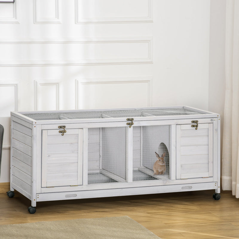 HKM-5864381 Spacious Rabbit Hutch with Wheels and Lockable Doors in Light Gray