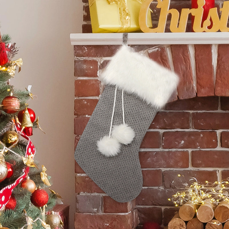 HKM-586451 Christmas Tree Gift Bag with Gray White Wool Socks and Pompon Pendant