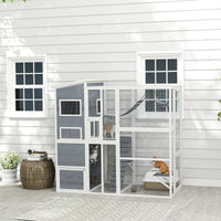 HKM-5870141 Outdoor Cat Enclosure with 4-Tier Design, 3 Platforms, Soft Ladder, Ramps, and Hammock in Gray