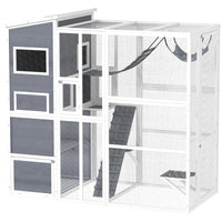 HKM-5870141 Outdoor Cat Enclosure with 4-Tier Design, 3 Platforms, Soft Ladder, Ramps, and Hammock in Gray