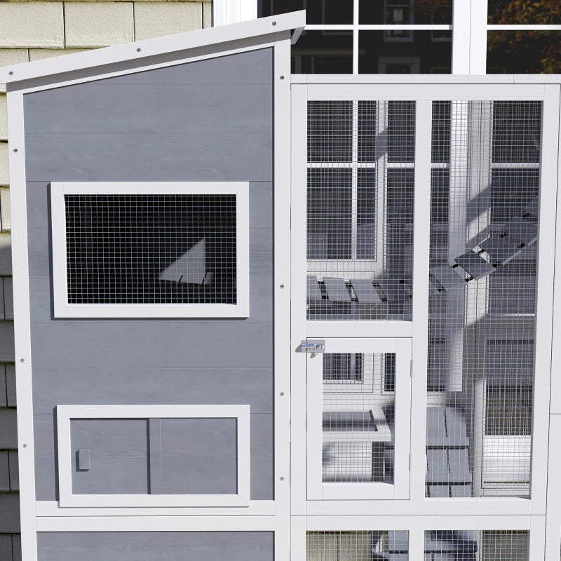HKM-5870141 Outdoor Cat Enclosure with 4-Tier Design, 3 Platforms, Soft Ladder, Ramps, and Hammock in Gray