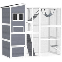 HKM-5870141 Outdoor Cat Enclosure with 4-Tier Design, 3 Platforms, Soft Ladder, Ramps, and Hammock in Gray