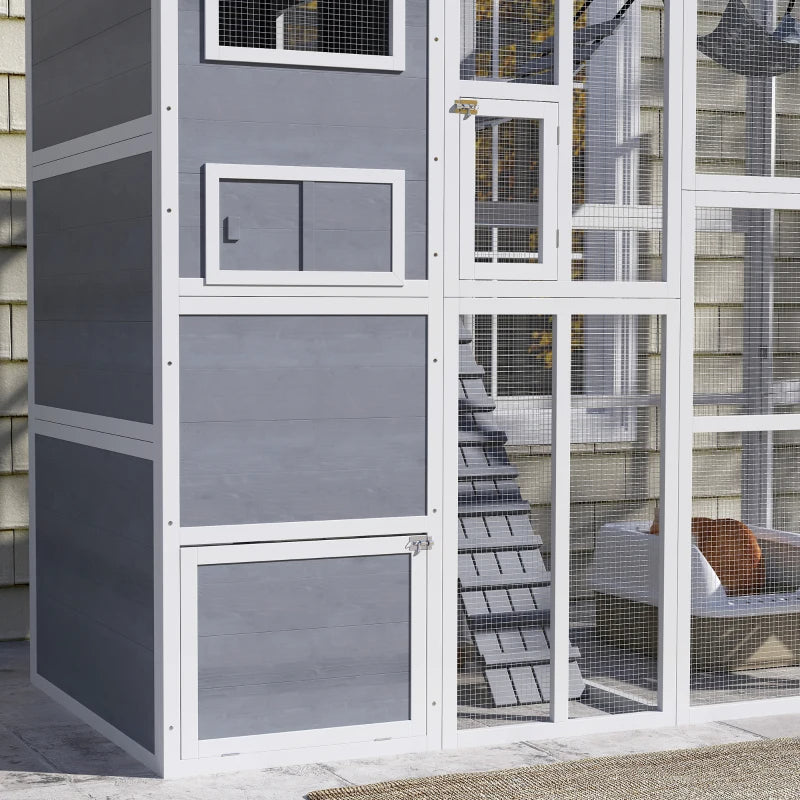 HKM-5870141 Outdoor Cat Enclosure with 4-Tier Design, 3 Platforms, Soft Ladder, Ramps, and Hammock in Gray