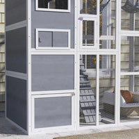 HKM-5870141 Outdoor Cat Enclosure with 4-Tier Design, 3 Platforms, Soft Ladder, Ramps, and Hammock in Gray