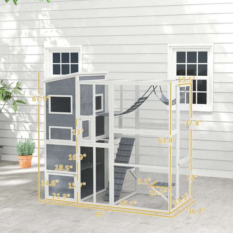HKM-5870141 Outdoor Cat Enclosure with 4-Tier Design, 3 Platforms, Soft Ladder, Ramps, and Hammock in Gray