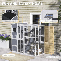 HKM-5870141 Outdoor Cat Enclosure with 4-Tier Design, 3 Platforms, Soft Ladder, Ramps, and Hammock in Gray