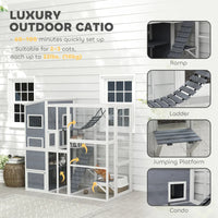 HKM-5870141 Outdoor Cat Enclosure with 4-Tier Design, 3 Platforms, Soft Ladder, Ramps, and Hammock in Gray