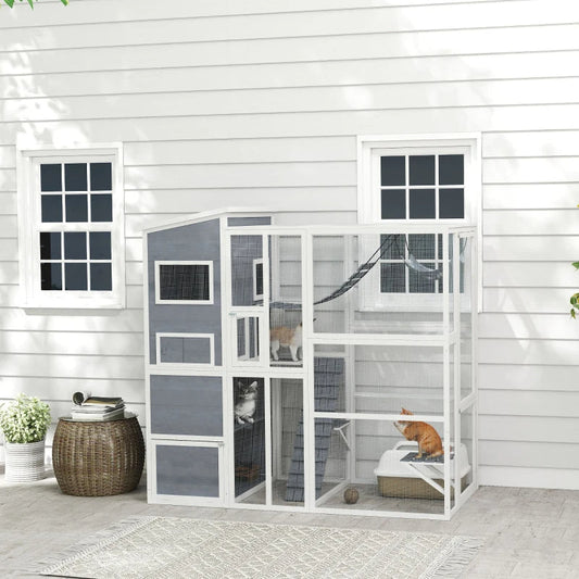 HKM-5870141 Outdoor Cat Enclosure with 4-Tier Design, 3 Platforms, Soft Ladder, Ramps, and Hammock in Gray