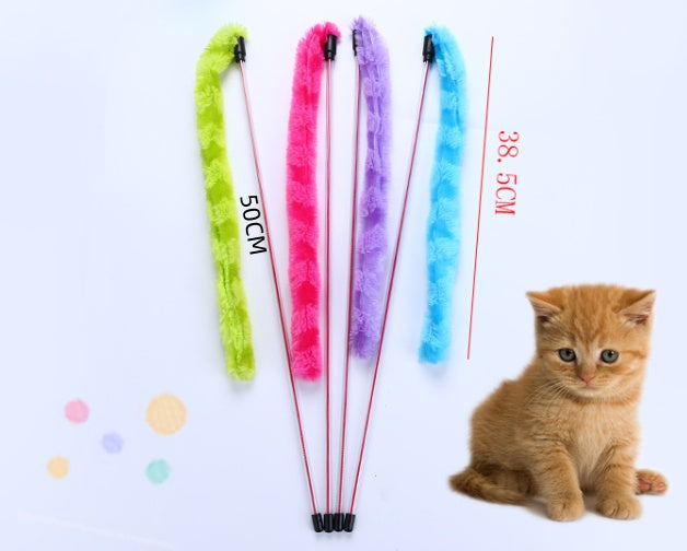 HKM-5871293 Plush Cat Teaser Toy with 50CM Rod - Available in Blue, Rose Red, Purple, and Green