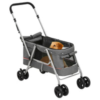 HKM-5871933 Foldable Pet Stroller with Sun Canopy in Gray, Made of 300D Linen Fabric, Suitable for Dogs and Cats, Maximum Load 15 kg