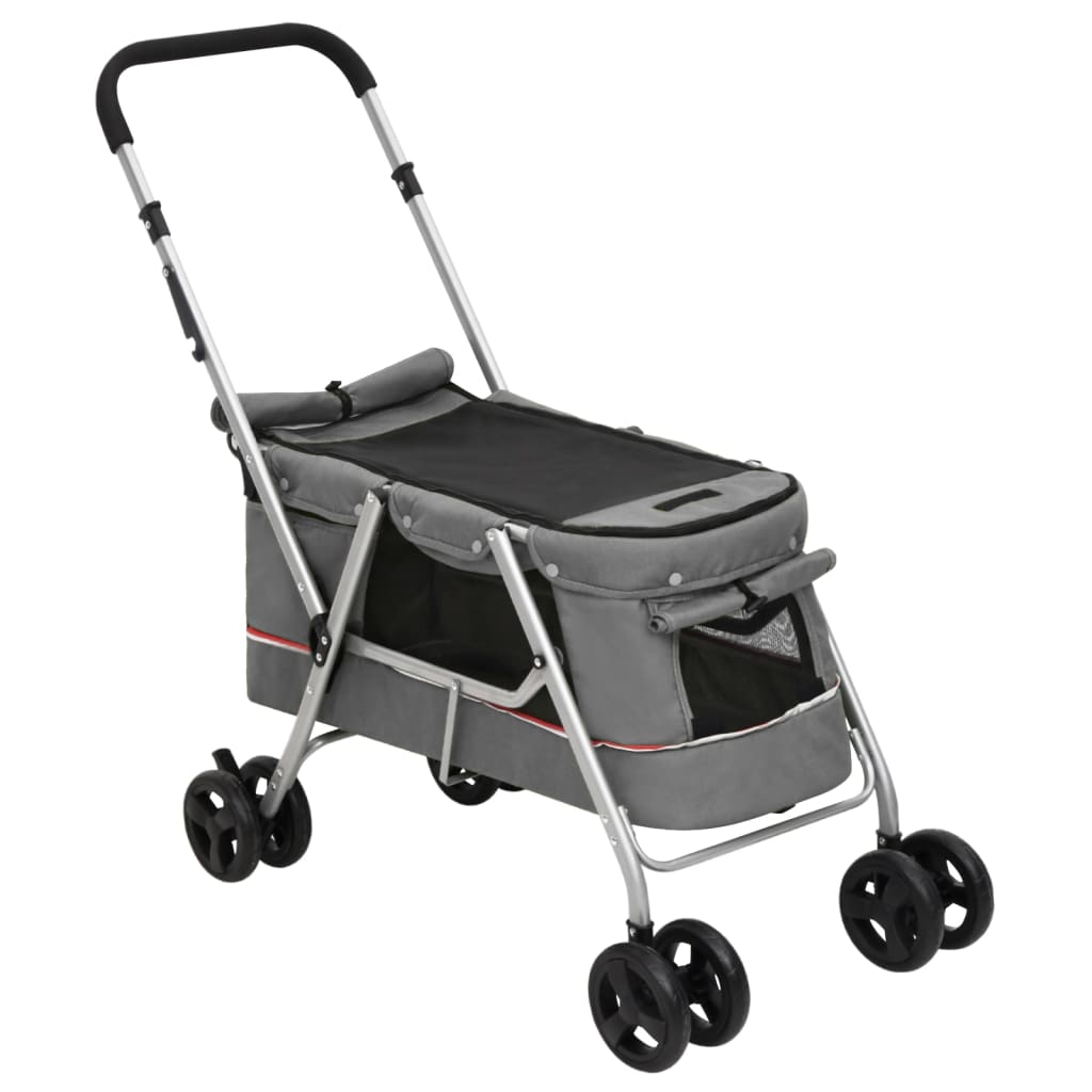 HKM-5871933 Foldable Pet Stroller with Sun Canopy in Gray, Made of 300D Linen Fabric, Suitable for Dogs and Cats, Maximum Load 15 kg