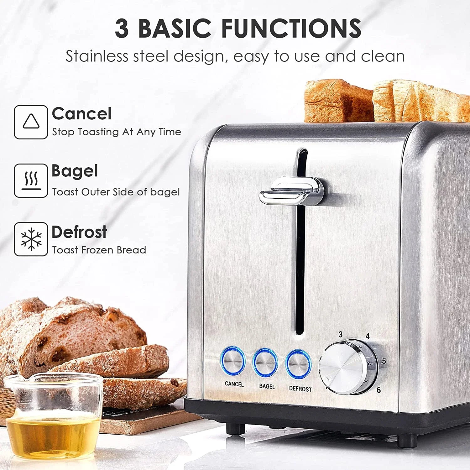 HKM-587219 Woodgrain Design 2-Slice Stainless Steel Electric Waffle and Bread Toaster with Grill
