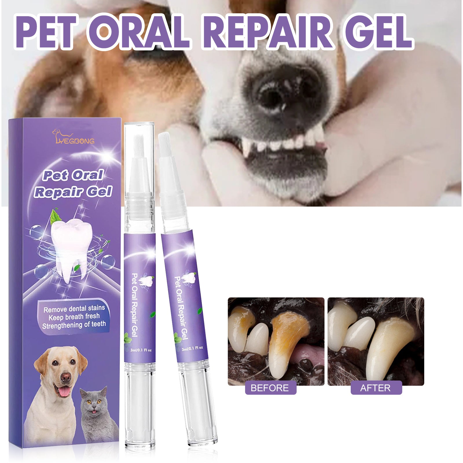 HKM-5874109 Pet Mouth Repair Gel Cleaner - 3ml x 2 Pack for Daily Oral Care