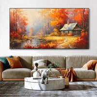 HKM-587411 Handmade Reddish Orange Tree Oil Painting on Canvas for Home Decor
