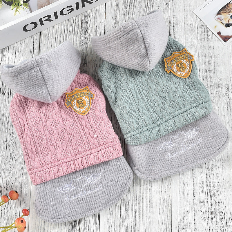 HKM-5874621 Vine Flower Dress for Small Dogs - Cozy Winter Two-Legged Clothing in Pink and Green