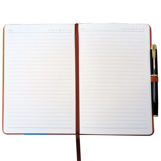 HKM-587603 A5 Brown PU Notebook with Pen, Elastic Closure, 128 Lined Pages, 100g Paper