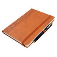 HKM-587603 A5 Brown PU Notebook with Pen, Elastic Closure, 128 Lined Pages, 100g Paper