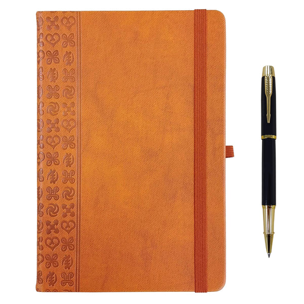 HKM-587603 A5 Brown PU Notebook with Pen, Elastic Closure, 128 Lined Pages, 100g Paper