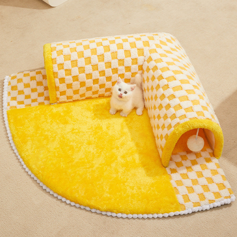 HKM-5876285 Warm and Cozy Removable Cat Nest - Brown Plaid & Yellow Cheese, Two Sizes Available