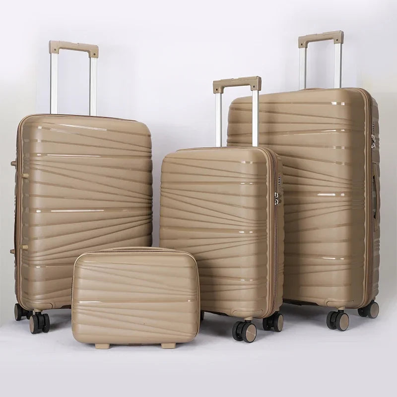 HKM-587859 4-Piece Luggage Set with Spinner Wheels, Durable PP Storage Trolley Cases in 14, 20, 24, and 28 Inch Sizes