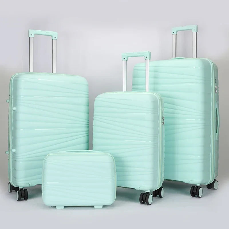 HKM-587859 4-Piece Luggage Set with Spinner Wheels, Durable PP Storage Trolley Cases in 14, 20, 24, and 28 Inch Sizes
