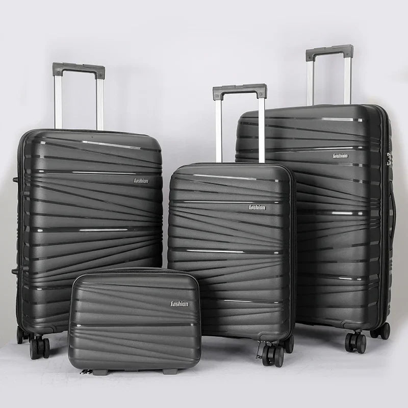 HKM-587859 4-Piece Luggage Set with Spinner Wheels, Durable PP Storage Trolley Cases in 14, 20, 24, and 28 Inch Sizes
