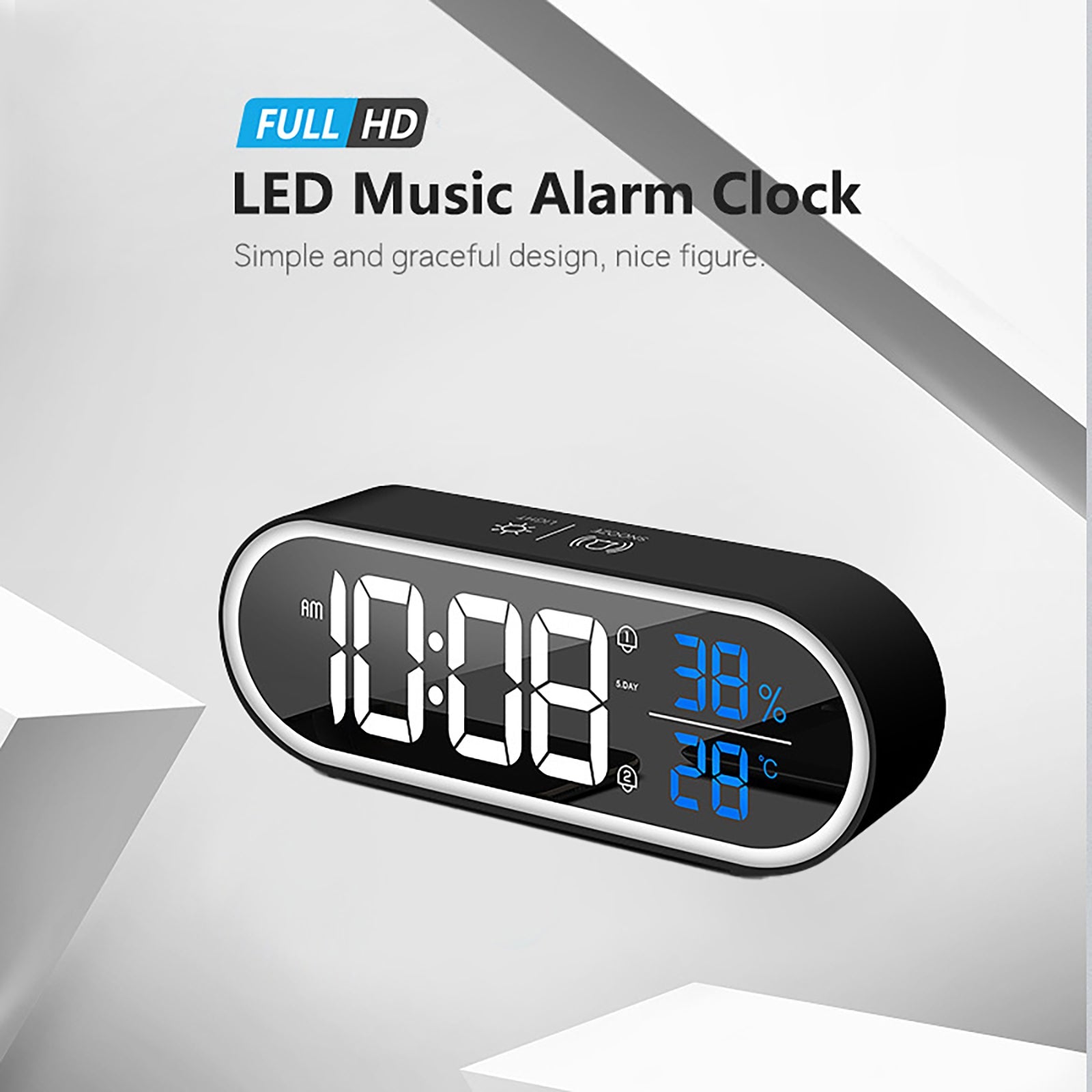 HKM-587987 Rechargeable LED Music Clock with Adjustable Sound and Mirror Finish