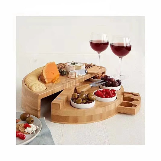HKM-588179 Rotating Bamboo Chopping Board Set with Ceramic Bowls and Knives for Cheese and Appetisers