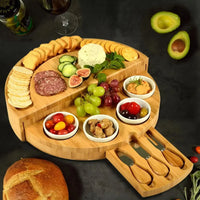 HKM-588179 Rotating Bamboo Chopping Board Set with Ceramic Bowls and Knives for Cheese and Appetisers