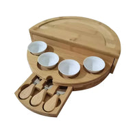 HKM-588179 Rotating Bamboo Chopping Board Set with Ceramic Bowls and Knives for Cheese and Appetisers