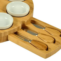 HKM-588179 Rotating Bamboo Chopping Board Set with Ceramic Bowls and Knives for Cheese and Appetisers