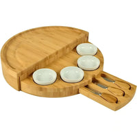 HKM-588179 Rotating Bamboo Chopping Board Set with Ceramic Bowls and Knives for Cheese and Appetisers