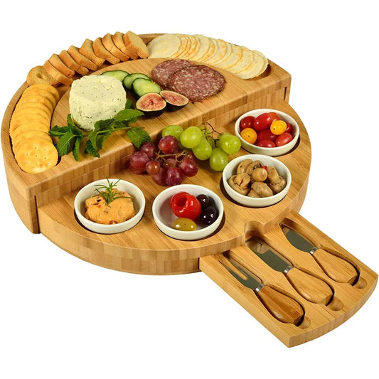 HKM-588179 Rotating Bamboo Chopping Board Set with Ceramic Bowls and Knives for Cheese and Appetisers