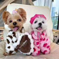 HKM-5882557 Plush Warm Coat for Small Dogs in Pink and Brown, Ideal for Teddy Bichon and Pomeranian