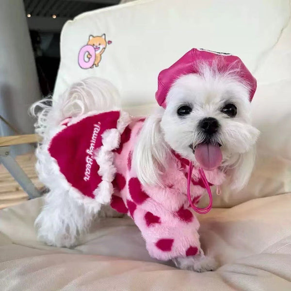 HKM-5882557 Plush Warm Coat for Small Dogs in Pink and Brown, Ideal for Teddy Bichon and Pomeranian