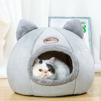 HKM-5887805 Cozy Enclosed Cat Bed Nest in Arctic Velvet and Plush Material for Warm Sleeping