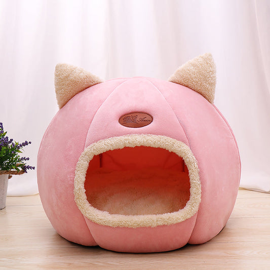 HKM-5887805 Cozy Enclosed Cat Bed Nest in Arctic Velvet and Plush Material for Warm Sleeping