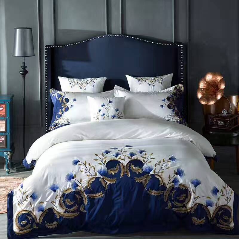 HKM-588947 Satin Embroidered Flower Cotton Quilt Cover Set - American Style, Blue Enchantress, Four-Piece or Six-Piece Options Available