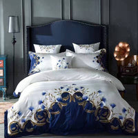 HKM-588947 Satin Embroidered Flower Cotton Quilt Cover Set - American Style, Blue Enchantress, Four-Piece or Six-Piece Options Available