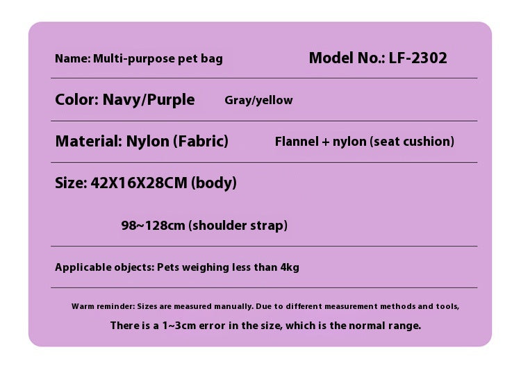 HKM-5889981 Large Capacity Soft Nylon Pet Crossbody Bag with Shoulder Strap and Poop Bag - Available in Navy Blue and Khaki