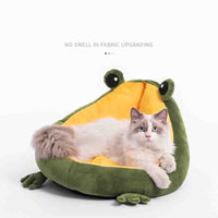 HKM-5891773 Frog Nest Winter Warm Semi-Enclosed Cat Bed in Green and Yellow, Soft Crystal Material