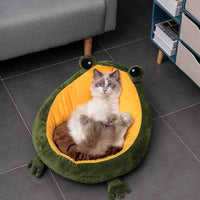 HKM-5891773 Frog Nest Winter Warm Semi-Enclosed Cat Bed in Green and Yellow, Soft Crystal Material