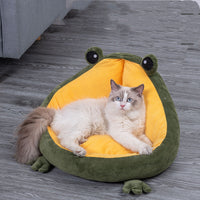 HKM-5891773 Frog Nest Winter Warm Semi-Enclosed Cat Bed in Green and Yellow, Soft Crystal Material