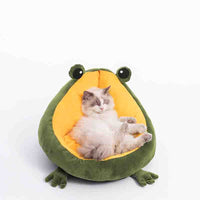 HKM-5891773 Frog Nest Winter Warm Semi-Enclosed Cat Bed in Green and Yellow, Soft Crystal Material