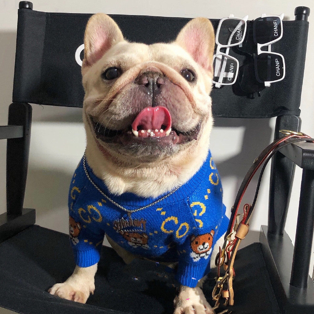 HKM-589203 Cozy Blue Bear Wool Sweater for Dogs - Available in Multiple Sizes