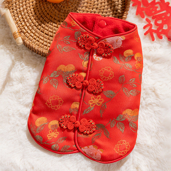 HKM-5892285 Red Floral Cheongsam Pet Vest with Knot Buttons for Lunar New Year Celebrations