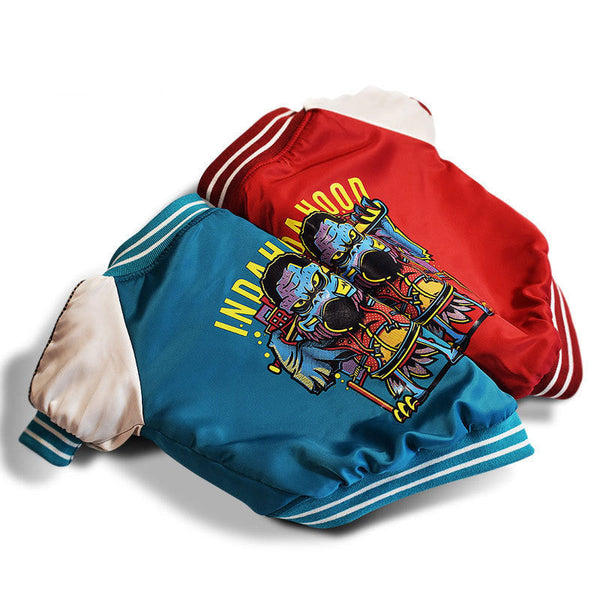HKM-5898557 Stylish Two-Legged Dog Jacket in Blue and Red Cotton Blend